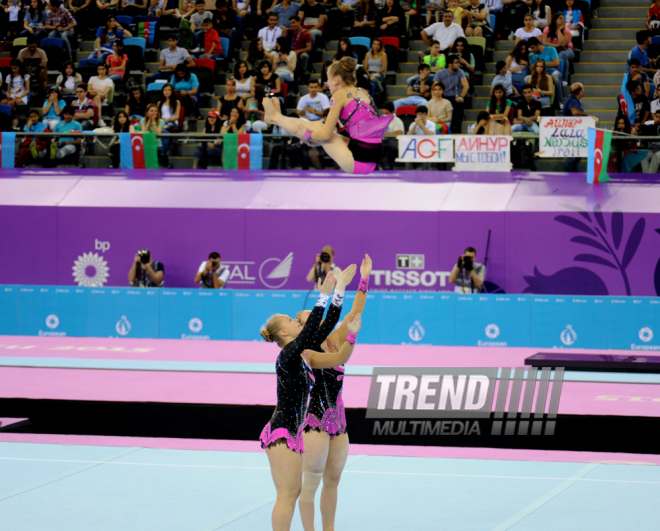 Akrobatika gimnastikası üzrə qadınlar arasında çoxnövçülük yarışlarının final mərhələsi. Bakı, Azərbaycan, 19 iyun 2015